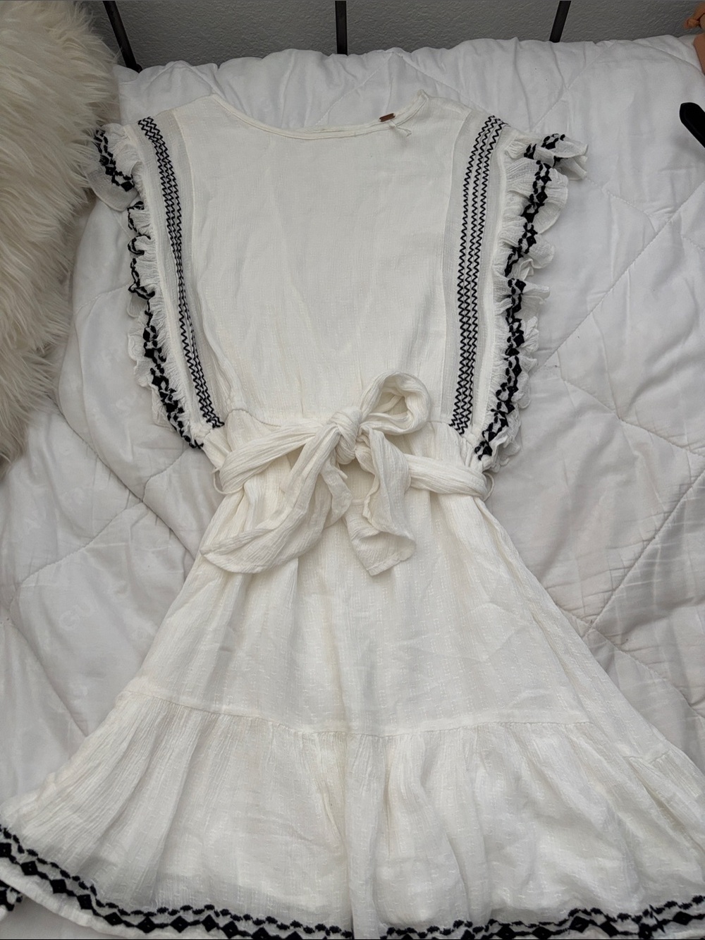 Free People White Mini Dress with Black Embroidered Trim